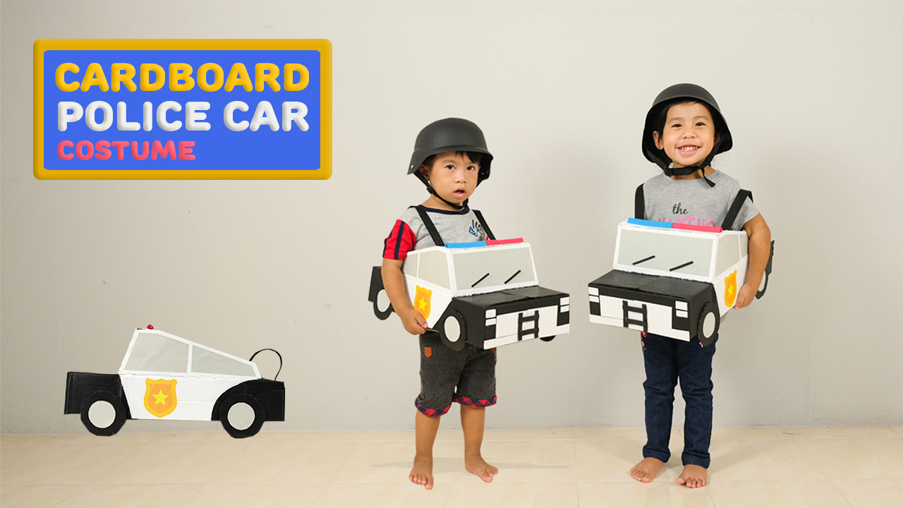 DIY cardboard police car costume for kids to play